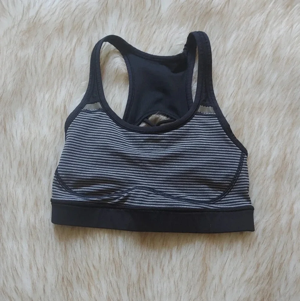 Lululemon Sweaty Or Not Bra II Mini Pop Stripe Heathered Slate Black Sz 2 NO PAD